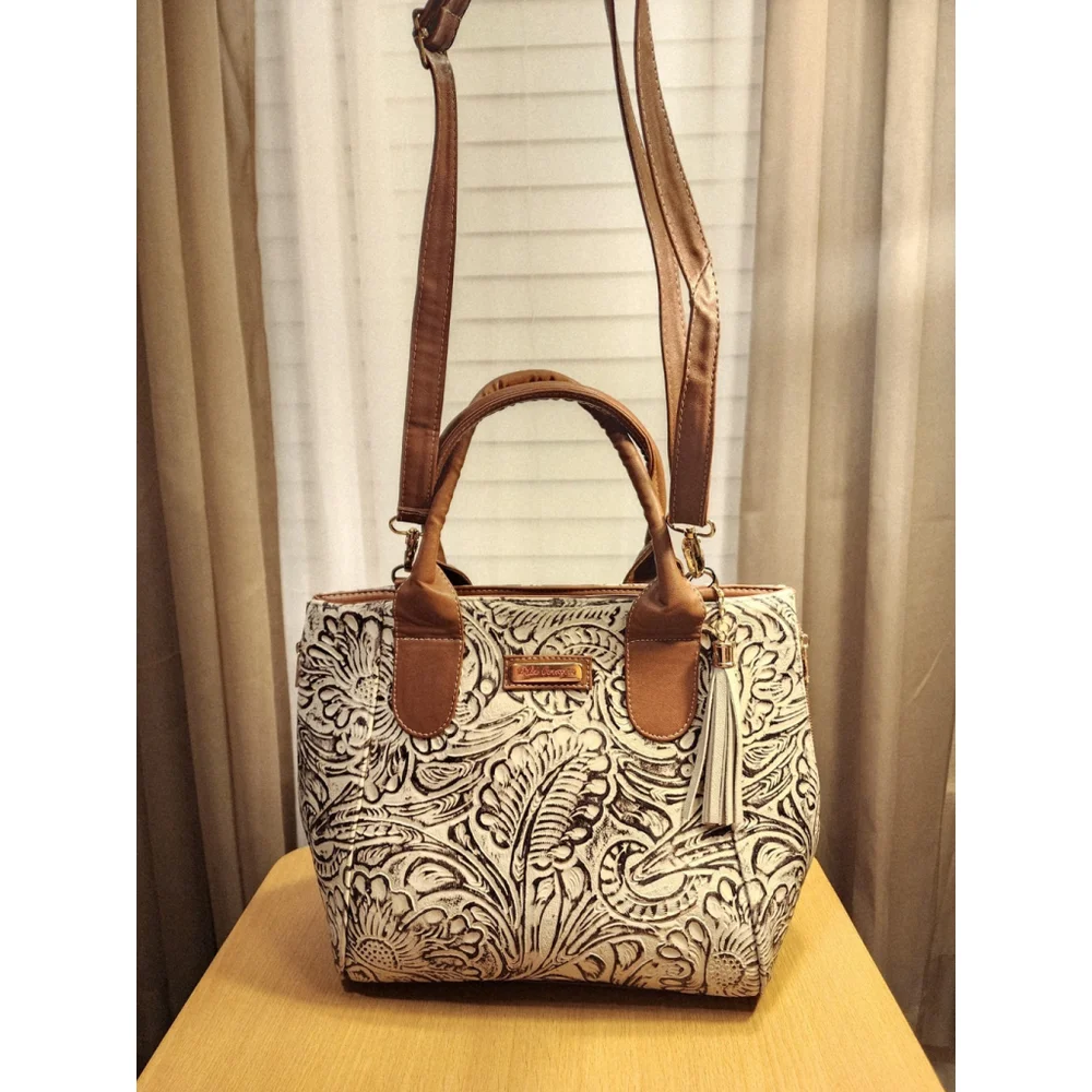 Brown Off White Zippered Floral Embossed Tooled Artisanal LEATHER Bag Purse